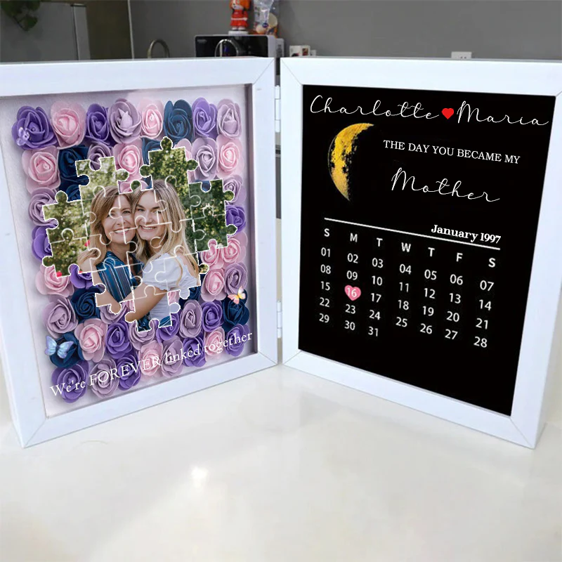 Personalized Photo Puzzle Flower Shadow Box with Real Moon Phase & Calendar